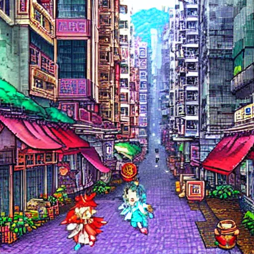 Prompt: streets in hong kong, legend of mana art style