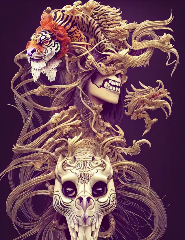 Image similar to 3 d goddess tiger skull half - turn portrait with long hair with ram skull. beautiful intricately detailed japanese crow kitsune mask and clasical japanese kimono. betta fish, jellyfish phoenix, bio luminescent, plasma, ice, water, wind, creature, artwork by tooth wu and wlop and beeple and greg rutkowski