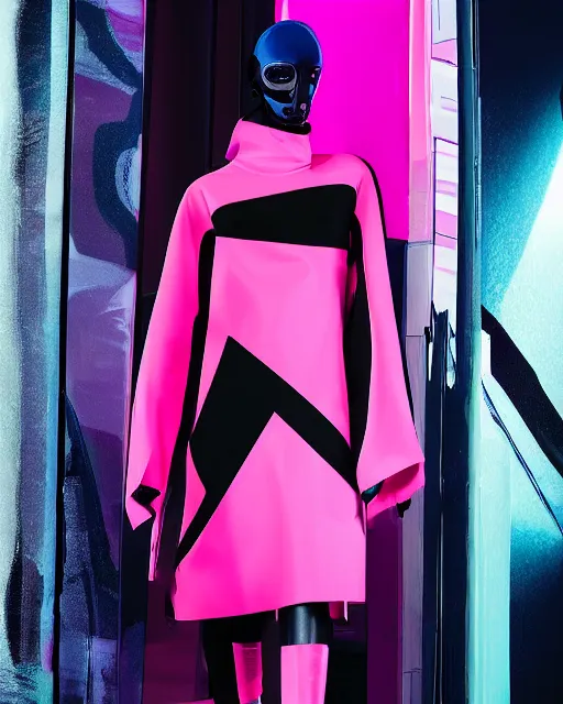 Image similar to an award winning fashion photograph for Balenciaga's futuristic cyberpunk Bladerunner 2049 fall line, hyperrealism, dazzle camouflage!, dayglo pink, dayglo blue, raven black