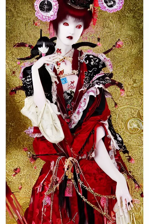 Image similar to a thoth tarot card of an avant - garde japanese bjd geisha vampire queen in victorian red dress in the style of dark - fantasy lolita fashion painted by yoshitaka amano, takato yamamoto, james jean, dmt art, symmetrical vogue face portrait, intricate detail, artstation, cgsociety, artgerm, gold skulls, rococo