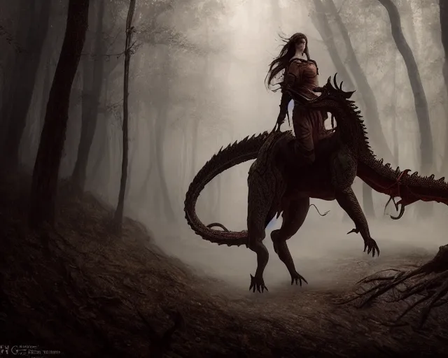 Prompt: 5 5 mm portrait photo of a dragon rider, in a magical forest. dark atmosphere. art by greg rutkowski. highly detailed 8 k. intricate. lifelike. soft light. nikon d 8 5 0.