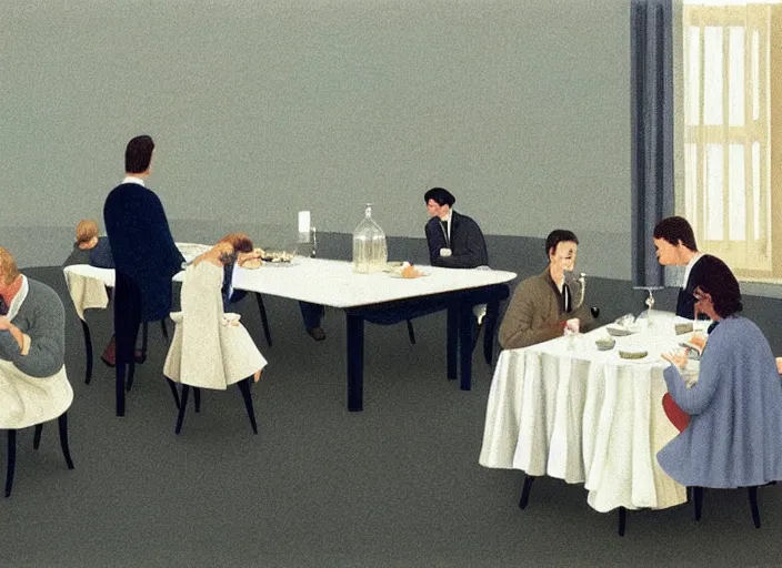 Prompt: a very boring dinner party, painting by quint buchholz, muted colors, gray, dull, boring, low energy