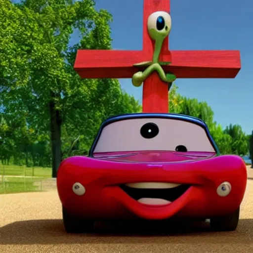 Image similar to car jesus christ on the cross as a car, as a car from the movie pixar's cars 2,
