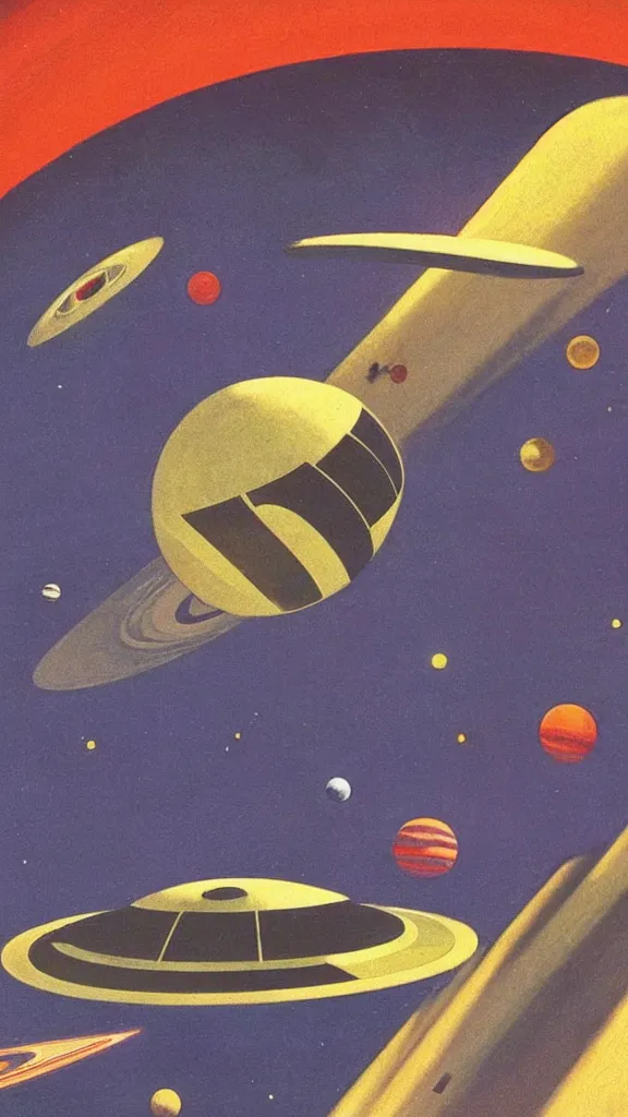 Image similar to a spaceship flying through a solar system, 1950s art deco, retrofuturism, edward hopper