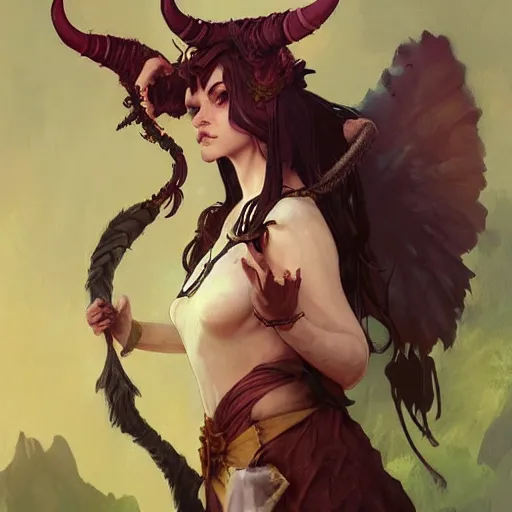 Image similar to cute Whimsical Tiefling Druid with devil tail D&D, fantasy, full body portrait, highly detailed, digital painting, artstation, concept art, sharp focus, illustration, art by greg rutkowski and alphonse mucha