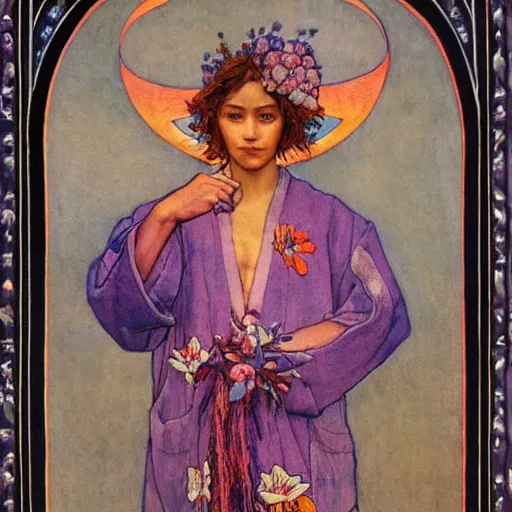 Prompt: the flower prince, by Annie Swynnerton and Nicholas Roerich , embroidered robes, floral tattoos, bioluminescent, elaborate costume, geometric ornament, symbolist, soft colors, dramatic lighting, smooth, sharp focus, extremely detailed