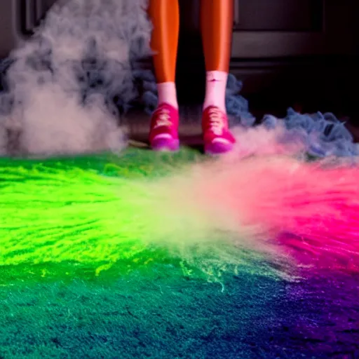 Prompt: muted-neon-color-smoke wisps coalesce onto the floor of a cluttered parlor with a throw rug into a close-up outline reminiscent of a high-energy racing horse crossing the finish line.