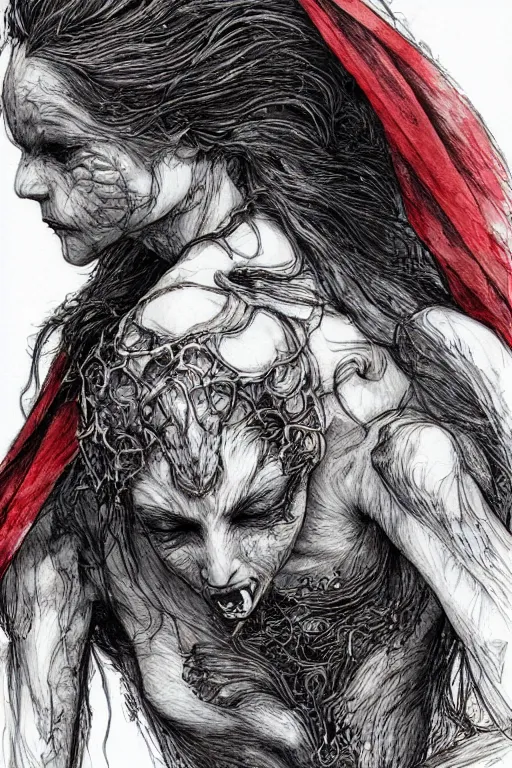 Image similar to portrait of a beautiful little red riding hood sobbing, tears run down her cheeks, as a terrifying werewolf emerges from her back, pen and ink, intricate line drawings, by Yoshitaka Amano, Ruan Jia, Kentaro Miura, Artgerm, watercolor