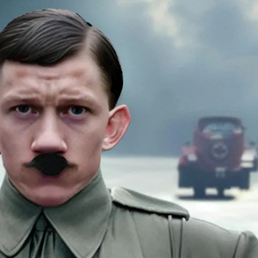 Prompt: tom holland as adolf hitler with short rectangular mustache