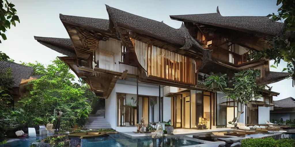 Image similar to 3d rendering of beautiful nature meets architecture concept of a residential house. balinese architecture by Kengo Kuma, volumetric lighting, luxury, high detail, 14mm, cinematic photography, cg architects, high resolution