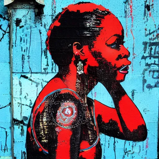 Image similar to a portrait of a black woman with side profile blood in ocean intricate details by MARVEL comics and banksy