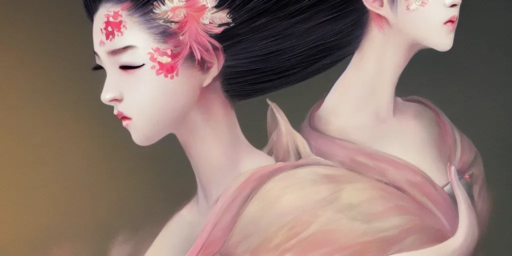 Image similar to Beautiful ethereal geisha prima ballerina, cute natural anime face, volumetric lighting, elegant, fluid, highly detailed oil painting, digital painting, concept art, smooth, sharp focus, illustration, strong lines and bold colors, limited color palette, atmosphere and tension, Japanese,manga, trending on artstation