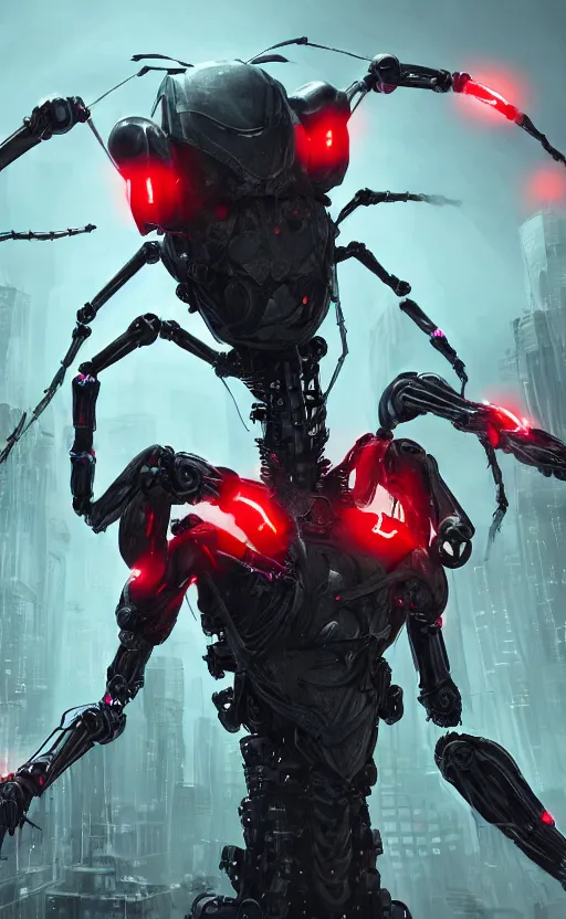 Image similar to a robot humanoid spider in a city, with 4 arms with claws, glowing red eyes, in a black carbon and red fiber armor, smiling creepily, dynamic lighting, photorealistic fantasy concept art, trending on art station, stunning visuals, creative, cinematic, ultra detailed