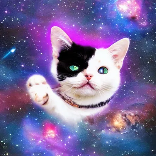 Prompt: cute cat merging with the galaxy