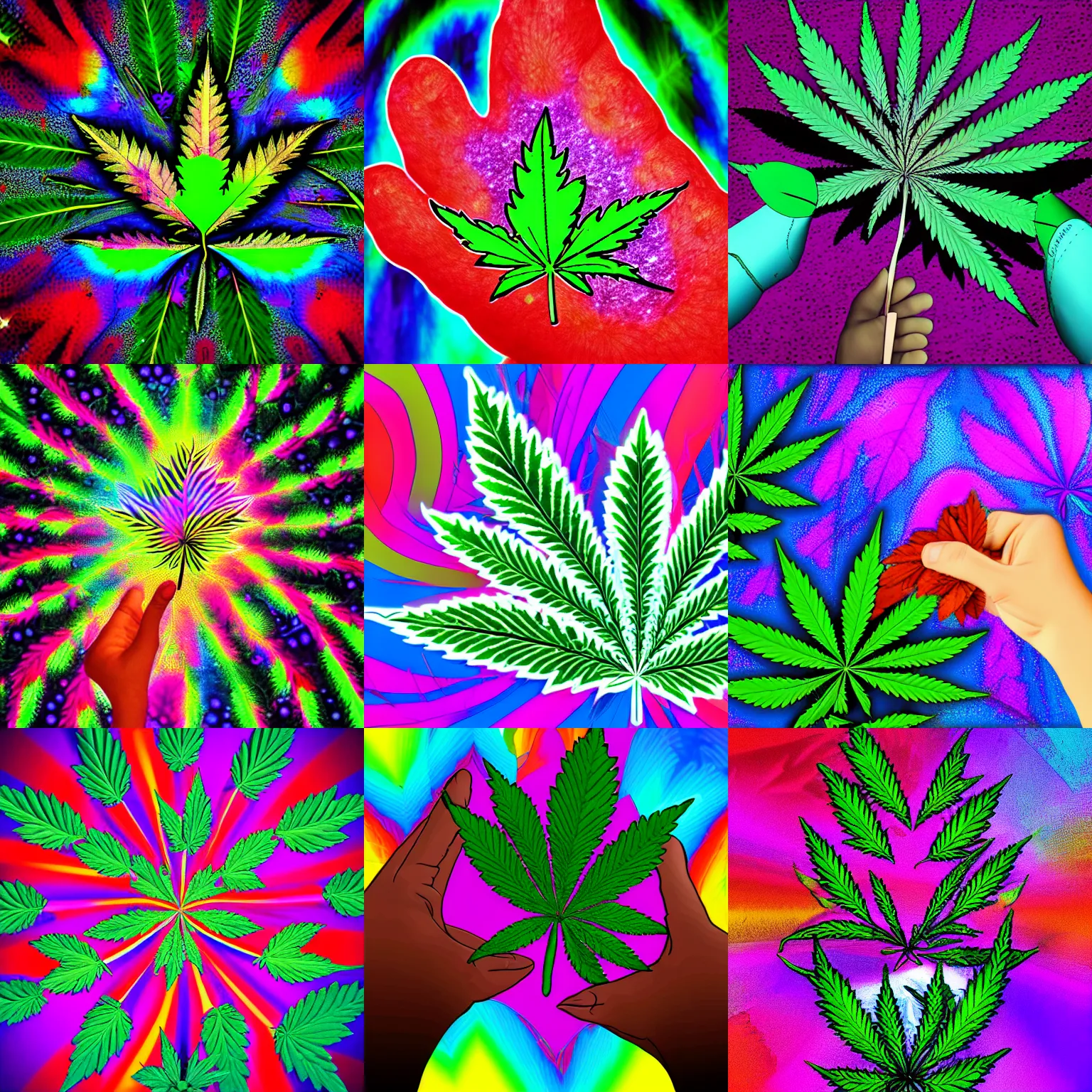 Prompt: hand holding marijuana leaf, covered in psychedelic rainbow eyes, digital art