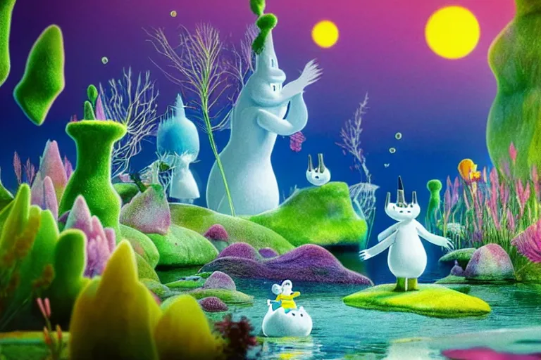 Image similar to the moomins in an underwater city with the moomins looking at glowing fishes in the sky swimming in the background and many underwater plants, magic atmosphere, very colorful, sweet, photorealistic 3d-rendering, very detailed