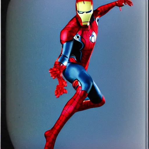 Image similar to a single iron man and spider - man hybrid, dslr, polaroid