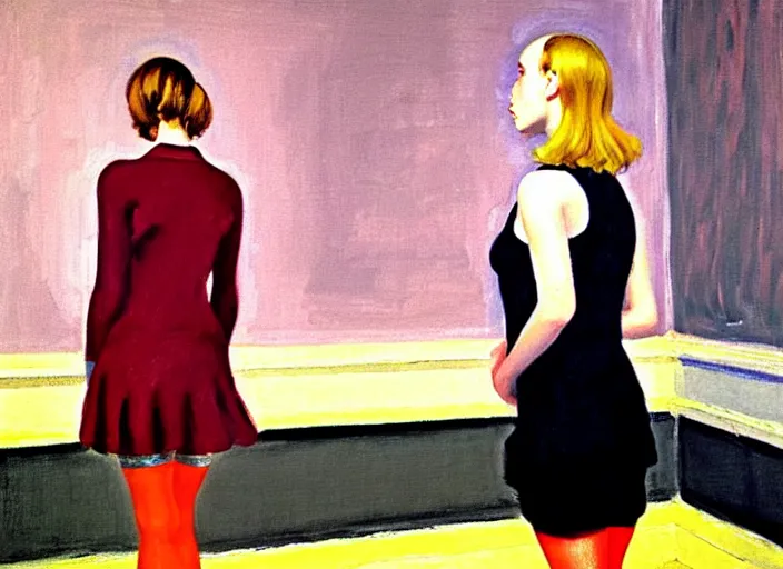 Image similar to oil painting of an annasophia robb in a learning uniform wearing stockings, teaching a lesson in a void room full of existential horror painted by Bryan Lee O'Malley and Edward Hopper, John Singer Sargant, inspired by paintings of Francis Bacon and melting color palette of Mark Rothko, Cy Twombly gestural strokes