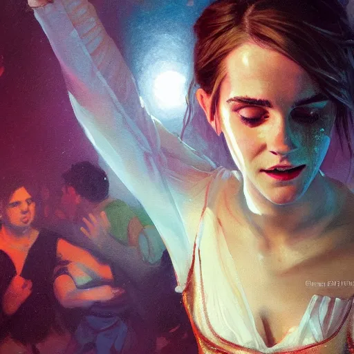 Prompt: highly detailed painting of emma watson drunk in a club, stephen bliss, 8 k, by greg rutkowski, loish, rhads, artgerm, ferdinand knab, makoto shinkai and lois van baarle, ilya kuvshinov, rossdraws, global illumination, radiant light, detailed and intricate environment