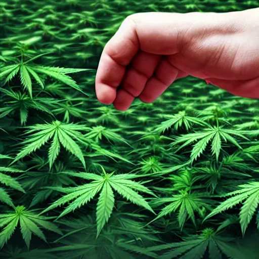 Image similar to the devil spreads his hands against the background of growing cannabis. realistic rendering