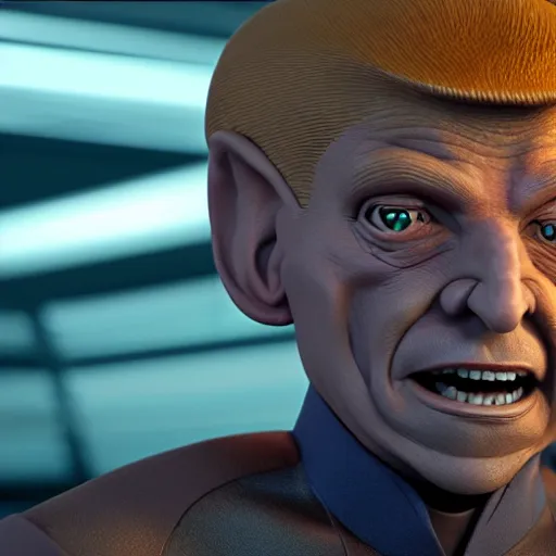 Image similar to Portrait of a ferengi from star trek loosely resembling Donald Trump. Octane render. 8k. High detail.