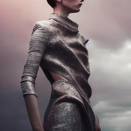 Image similar to Fashion photography of a woman wearing an outfit inspired by Interstellar (2014), artistic photography, cinematic lighting, insanely detailed, Vogue magazine