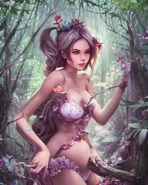 Prompt: A beautiful maid in a magical forest, bikini, beautiful face, very detailed face, fantasy art, in the style of artgerm, illustration, epic, fantasy, intricate, hyper detailed, artstation, concept art, smooth, sharp focus