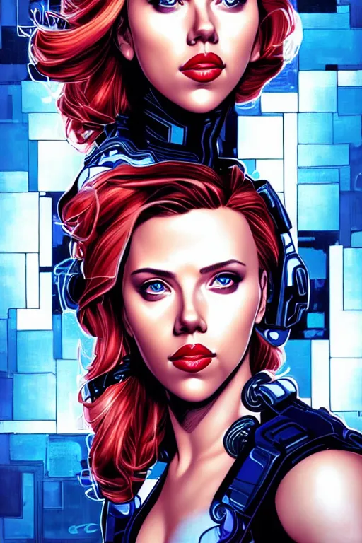 Prompt: a portrait of a beautiful cybernetically enhanced scarlett johansson, by marvel comics and sandra chevrier