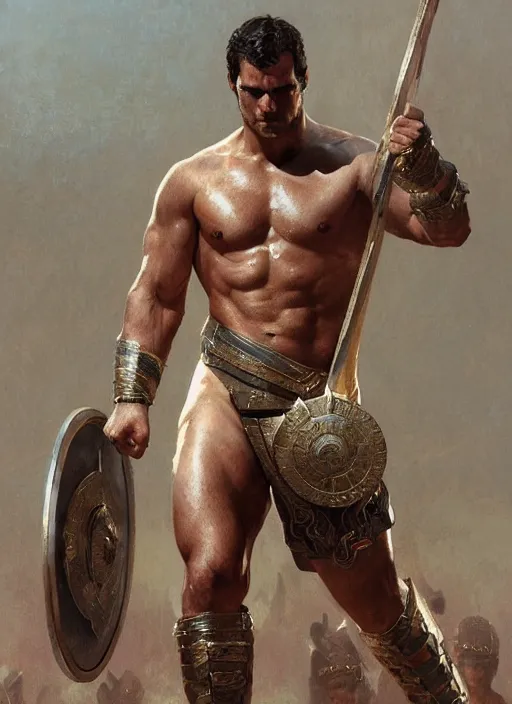 Image similar to Henry Cavill as a Greek gladiator, gorgeous, amazing, muscular, intricate, highly detailed, digital painting, artstation, concept art, sharp focus, illustration, art by greg rutkowski and alphonse mucha