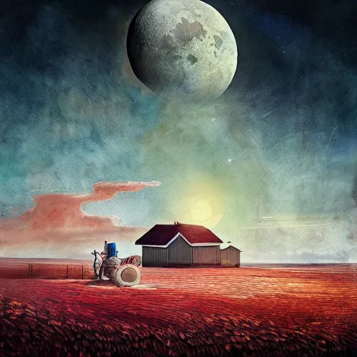 a farm on the moon, earth seen in the distance by anna | Stable ...