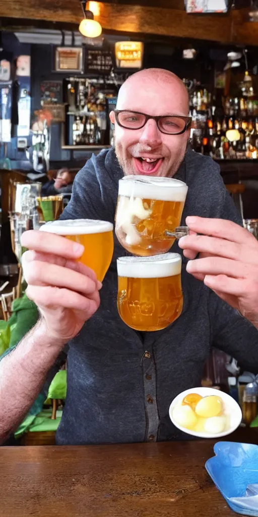 Prompt: british man eating pickled eggs and pints at the pub