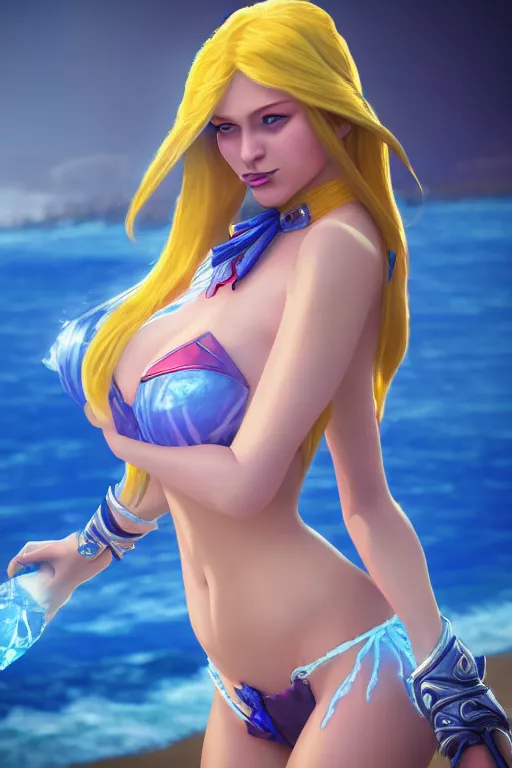Prompt: crystal maiden from dota 2 on the beach in bikini, photorealistic, trending on artstation, very detailed