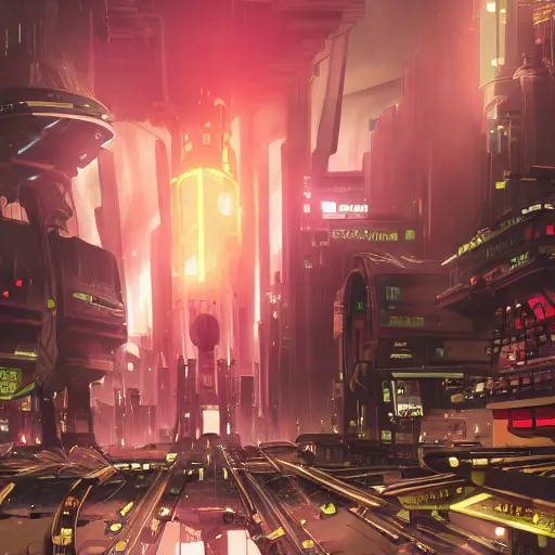 Image similar to a giant robot corpse that was repurposed into a booming city, set in the distant future, steampunk, cyberpunk, warm lights, anime, vhs distortion