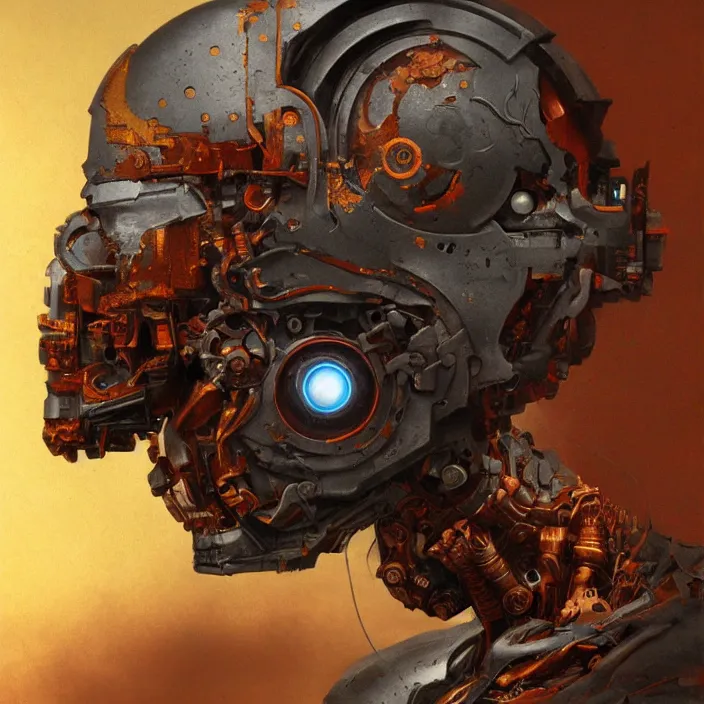 Prompt: portrait of an orange ultron from age of ultron, clockwork steampunk, dieselpunk, head and chest only, by beksinski, 4 k, deviantart, trending on artstation