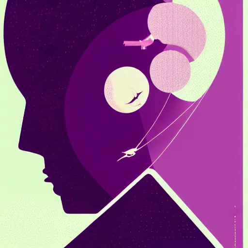 Prompt: a wandering mind, logo, simple white background victo ngai, kilian eng, purple palette