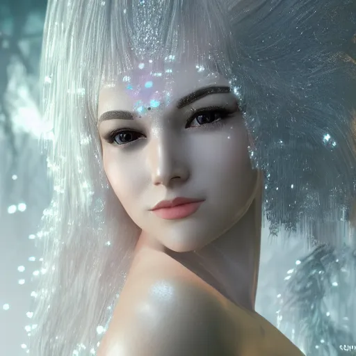 Image similar to beautiful pragmatic face, crystal, platinum, gold, biomechanoid with incredible iridescent pearlescent voluminous fiberoptic hair, crystalline masterpiece implants, hyperdetailed face, elegant pose, movie still, intricate, octane render, cinematic forest lighting, unreal engine, dieselpunk setting, crepuscular rays, god rays.