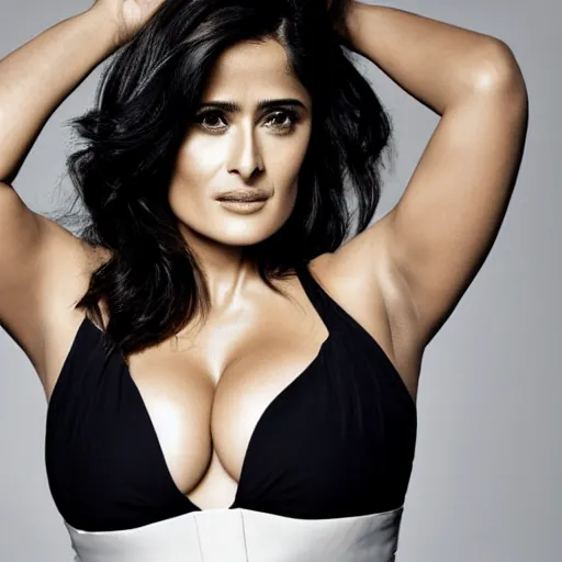 Image similar to Fully-clothed full-body portrait of Salma Hayek, XF IQ4, 50mm, F1.4, studio lighting, professional, 8K