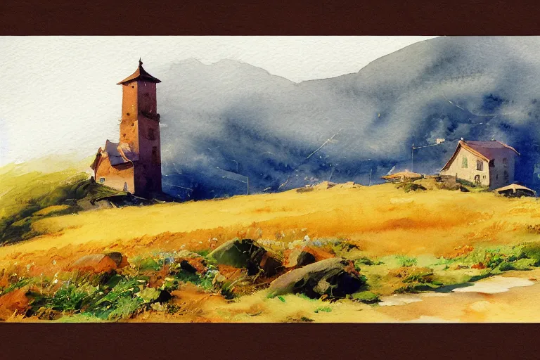 Prompt: small centered on watercolor paper, paint brush strokes, abstract watercolor painting of madeira mountain landscape, traditional straw roof house with tower, translucent leaves, cinematic light, national romanticism by hans dahl, by jesper ejsing, by anders zorn, by greg rutkowski, by greg manchess, by tyler edlin