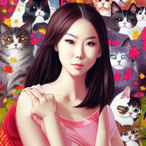 Prompt: bemused to be in surrounded by cats portrait of a vietnamese actress looking straight on, complex artistic color illustration, full detail, soft shadowing, fully immersive reflections and particle effects, concept art by artgerm, by range murata