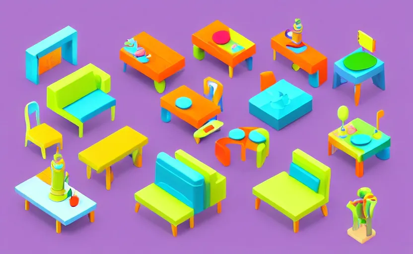 Prompt: 2004-2007 isometric candy themed furniture set, sculpted, game asset, 3d render, in the style of yoworld, artstation, isometric by Miha Rinne