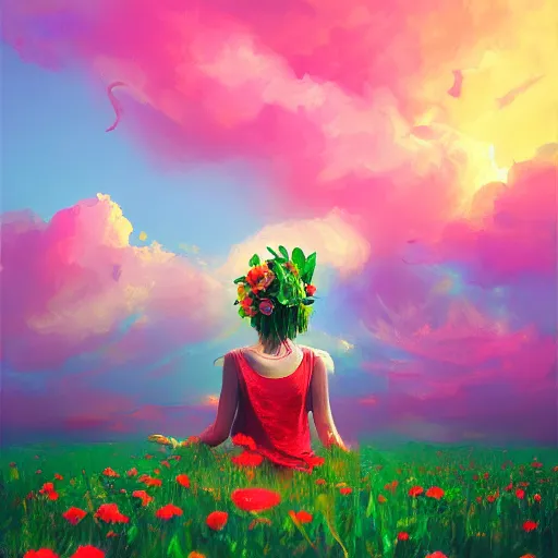 Image similar to giant rose flower head, full body girl sitting in a flower field, surreal photography, sunrise, dramatic light, impressionist painting, colorful clouds, digital painting, artstation, simon stalenhag