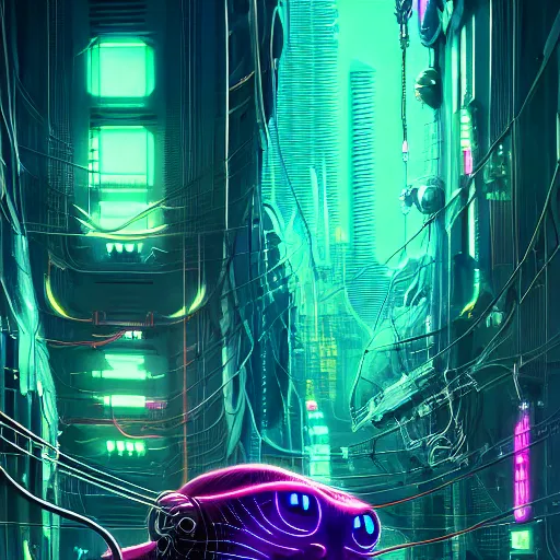 Image similar to cats cyborg inside an scifi tentacles wires futuristic city, beautiful neon cats, cinematic, highly detailed, photorealistic, rich bright colors, trending on artstation, giger, tsutomu nihei, trending on cgsociety, awe inspiring bruce pennington cityscape, digital art painting of 1 9 6 0 s