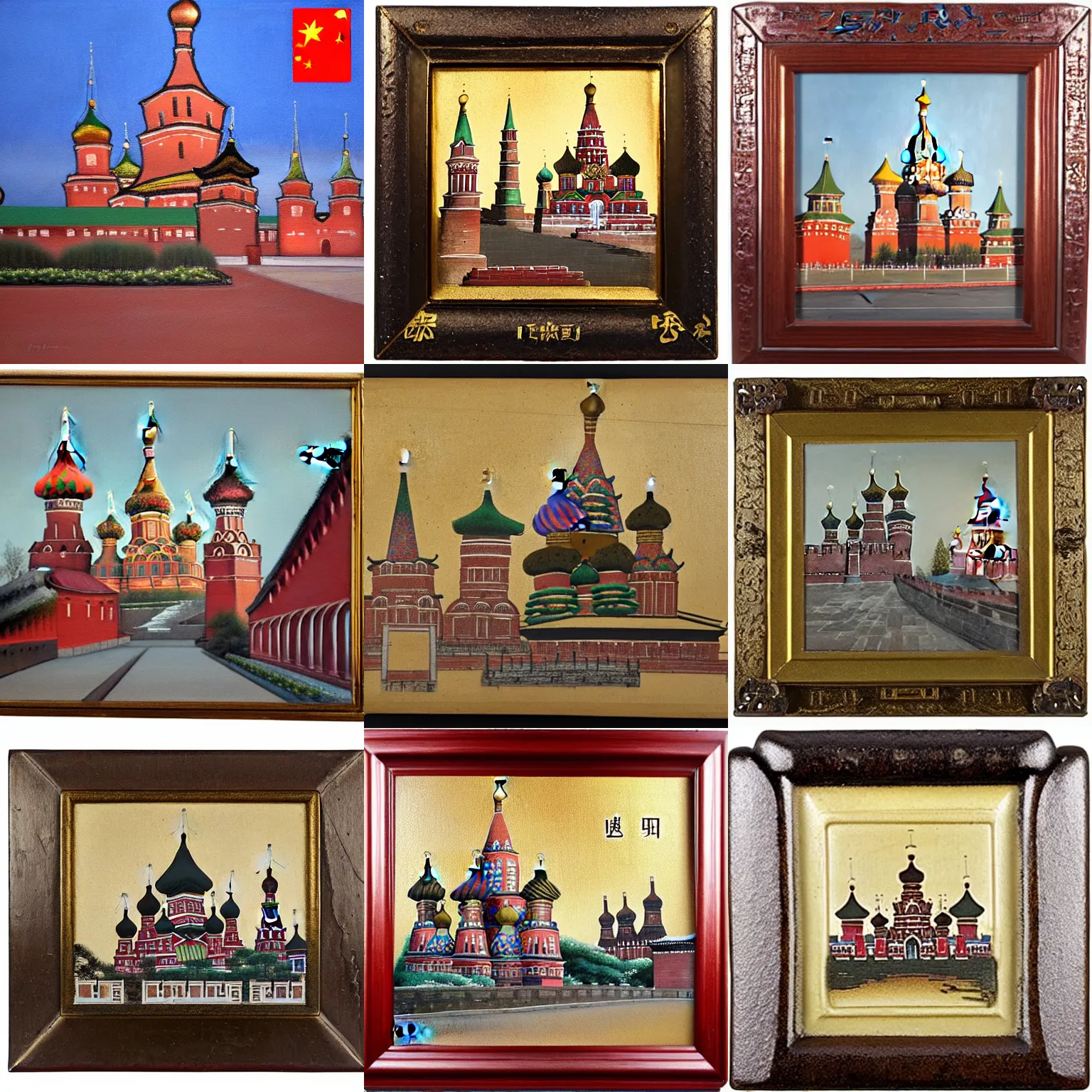 Prompt: chinese - style kremlin and chinese st. basil's cathedral on wide stone square at sawn, portrait of mao on the kremlin, gentle dawn, realistic painting