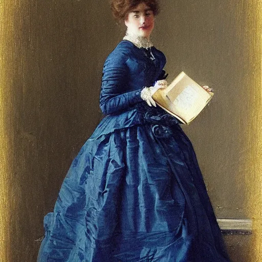 Image similar to young victorian lady in ball gown, absent - minded, holding a book, painted by alfred stevens