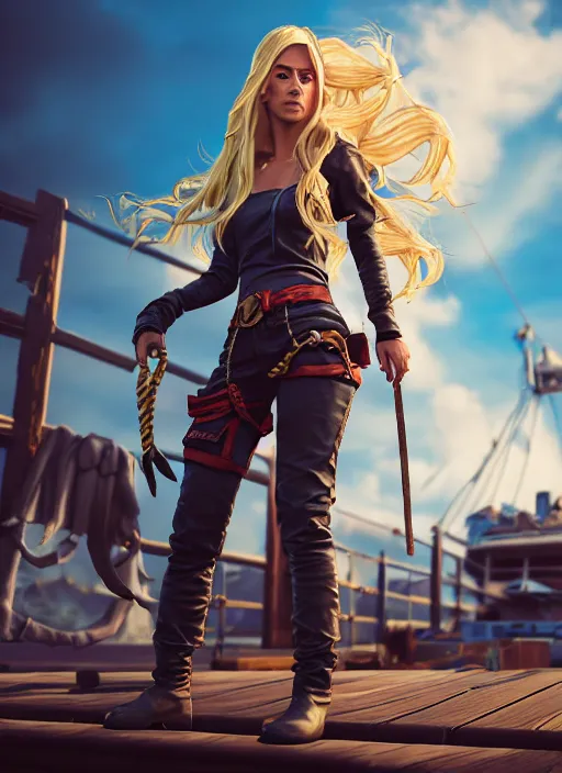 Image similar to An epic fantasy comic book style portrait painting of tall blonde haired female sky-pirate with a serious face and a pony tail in front of a metal gangplank, unreal 5, DAZ, hyperrealistic, octane render, cosplay, RPG portrait, dynamic lighting