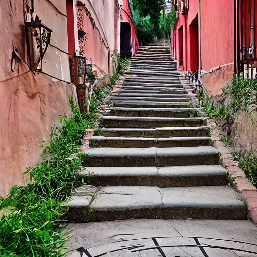 Prompt: maze of stairs to the house on the street of the red city HD 8K