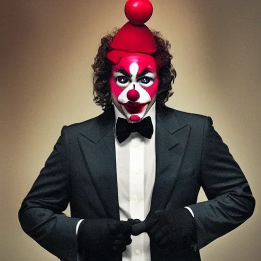 Image similar to UHD candid photo of Justin Trudeau dressed as a henchman, wearing accurate clown makeup, accurate face, UHD, photorealistic, correct face, photo by Annie Leibowitz