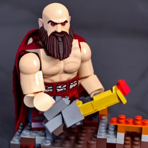 Prompt: kratos from god of war playing with a lego set