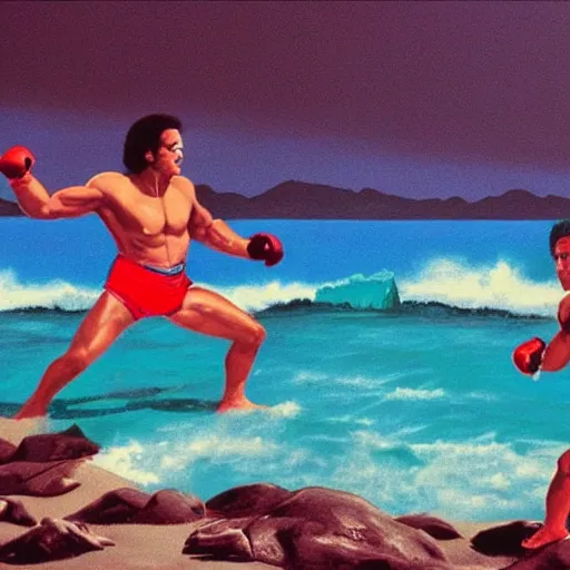 Prompt: rocky iii racing apollo and rocky on the beach, matte painting, beautiful, inspired, energetic, 8 0 s colors