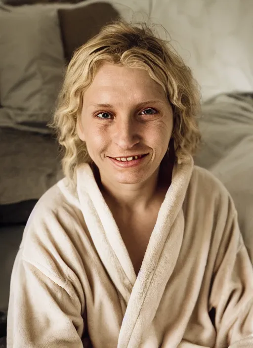 Image similar to homely but adorable blonde woman, healed scars and scratches across left cheek, wearyworn but optimistic expression, wearing beige pajamas and robes